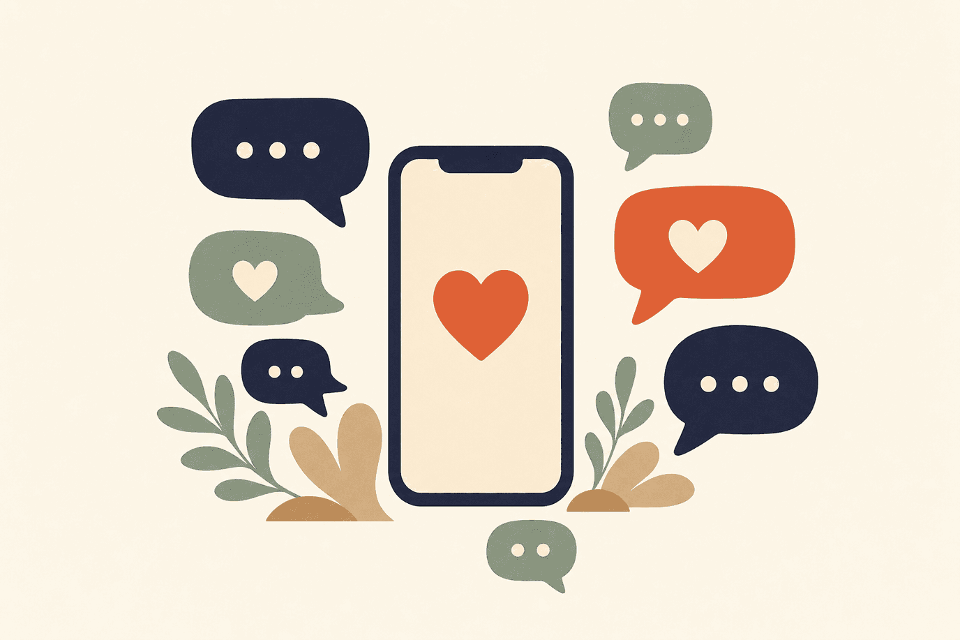 Illustration of a smartphone surrounded by floating chat bubbles