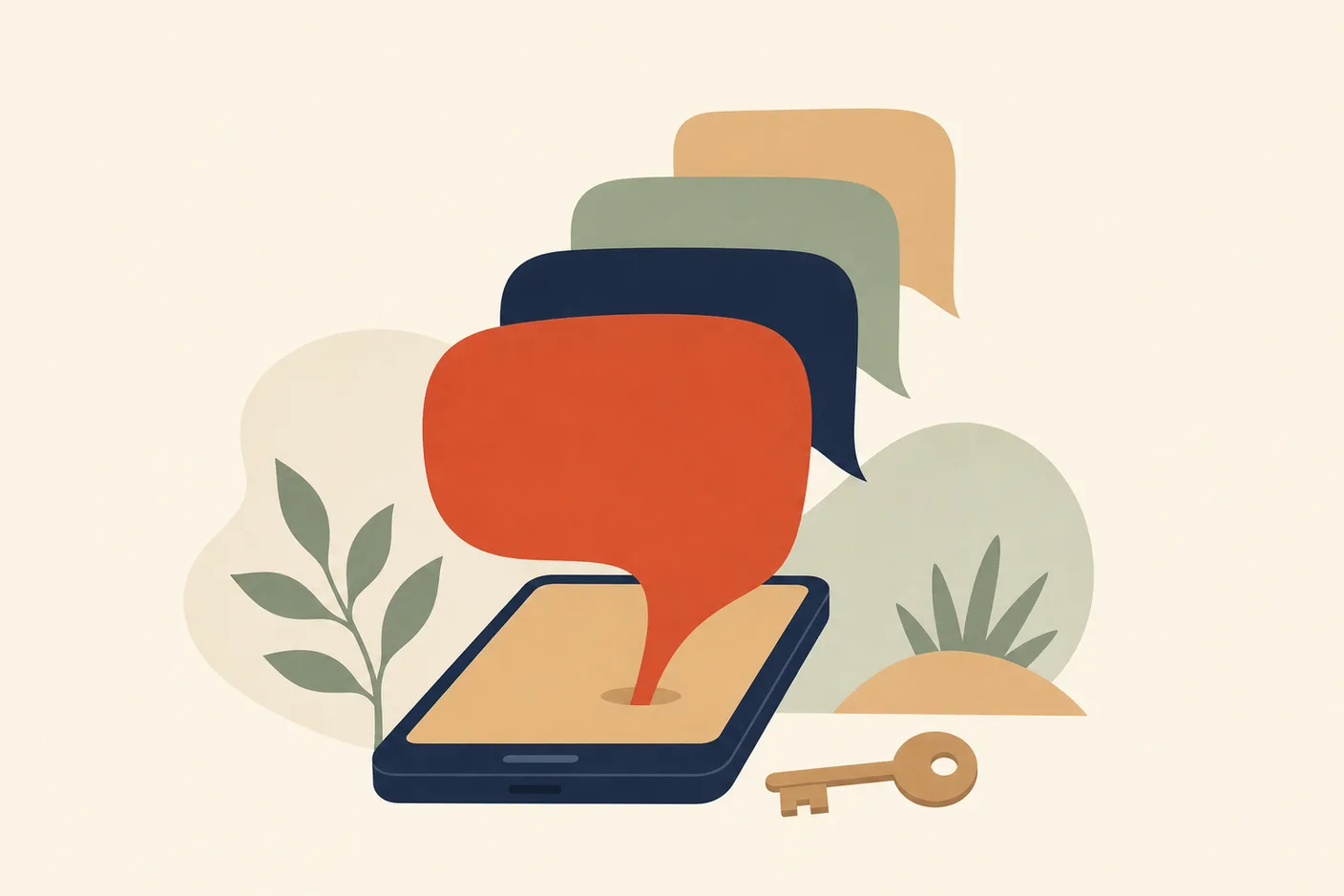 Illustration of a speech bubble rising out of a phone screen with a small key beside it, more chat bubbles stacking behind