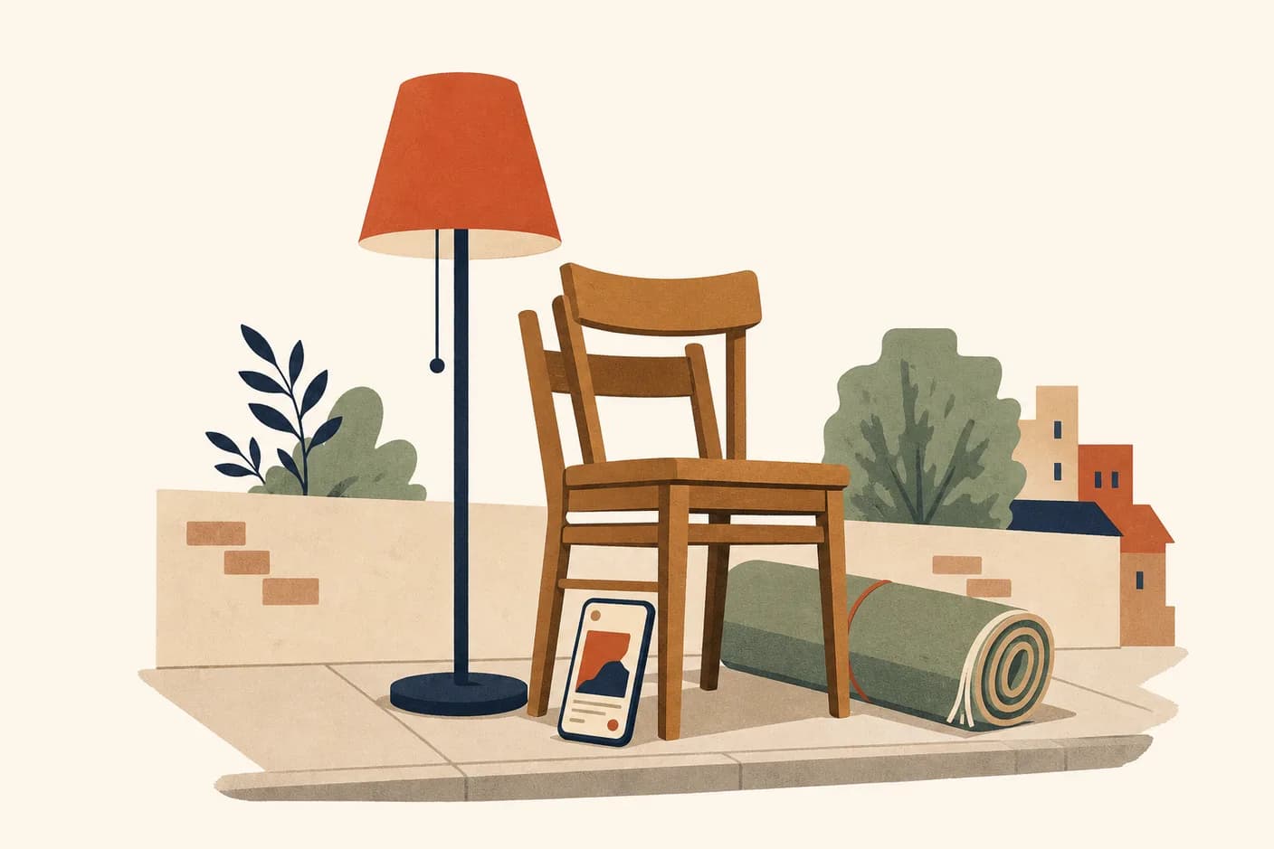 Illustration of a secondhand floor lamp, a stacked wooden chair and a rolled rug arranged on a neighbourhood pavement beside a low wall, a phone propped against the chair leg showing an abstract listing card