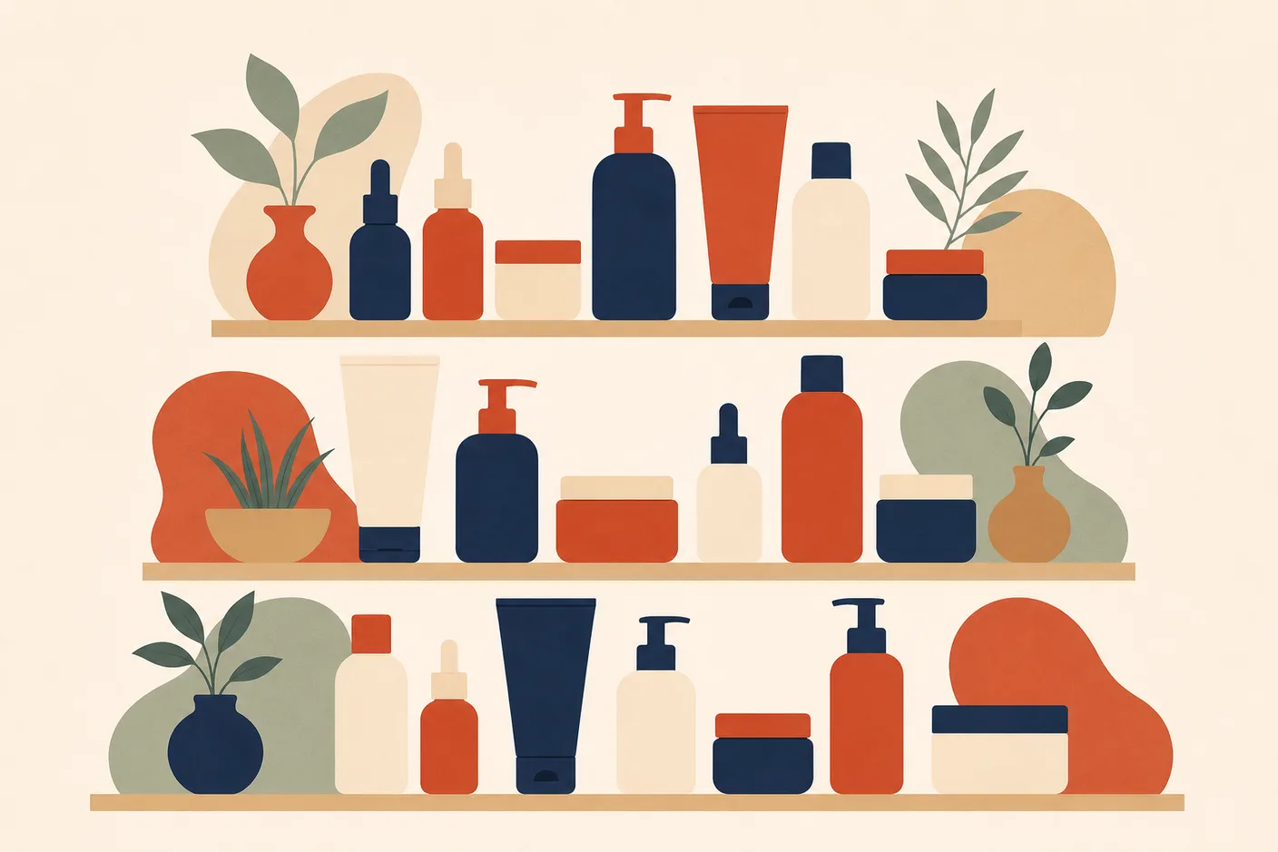 Illustration of skincare bottles, jars, and tubes arranged neatly on three ascending shelves