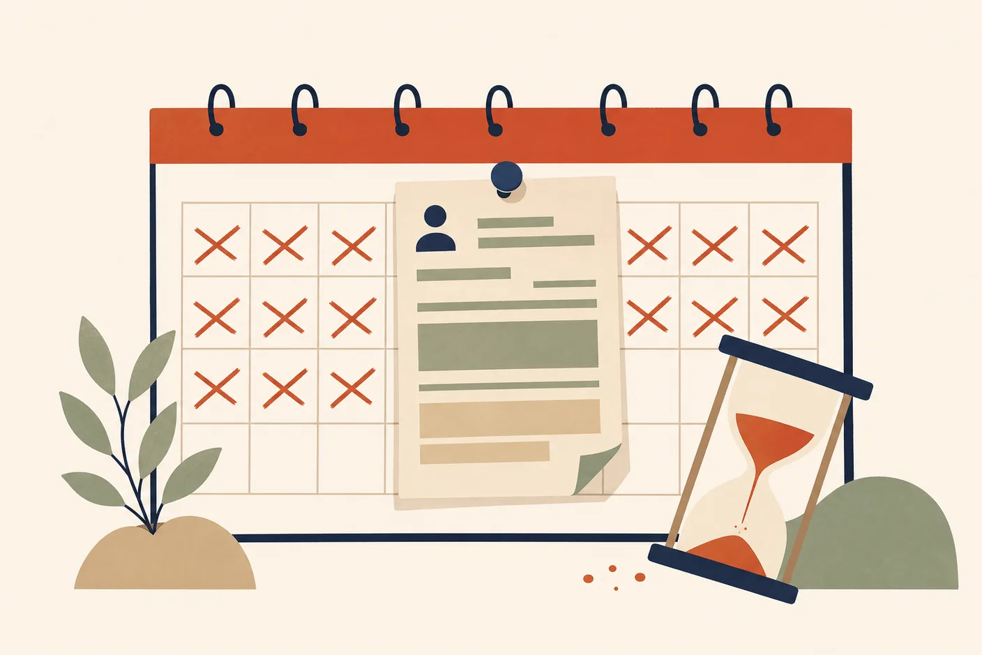Illustration of a wall calendar with a long run of days struck through, a filed form pinned over the gap, an hourglass tipping beside it