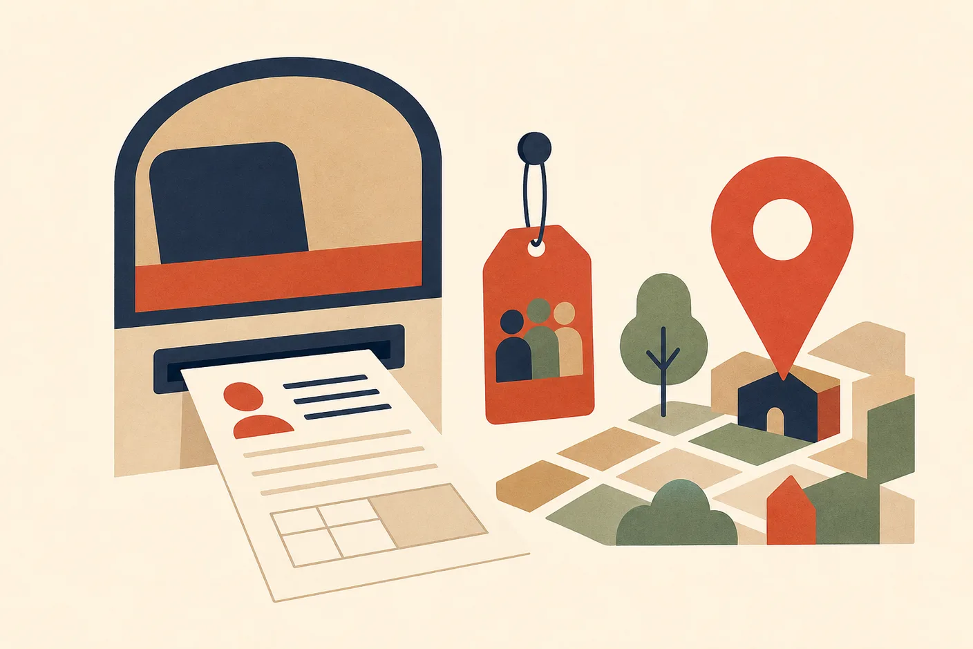 Illustration of an application form sliding into a service window slot beside a map pin marking a neighborhood center, a numbered waitlist tag hanging nearby