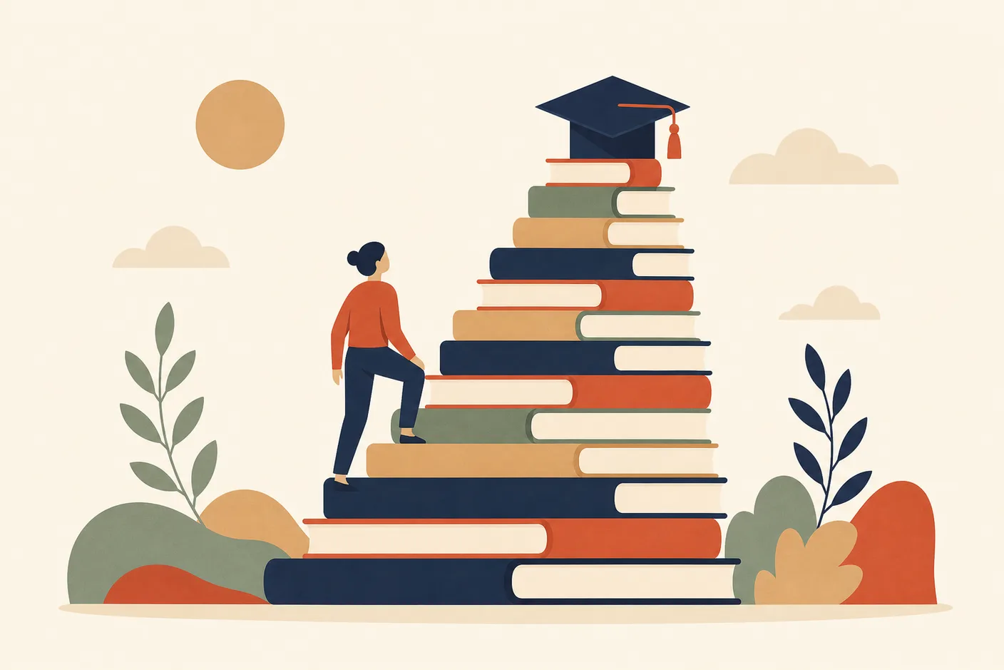Illustration of a staircase made of stacked textbooks ascending toward a graduation cap at the top