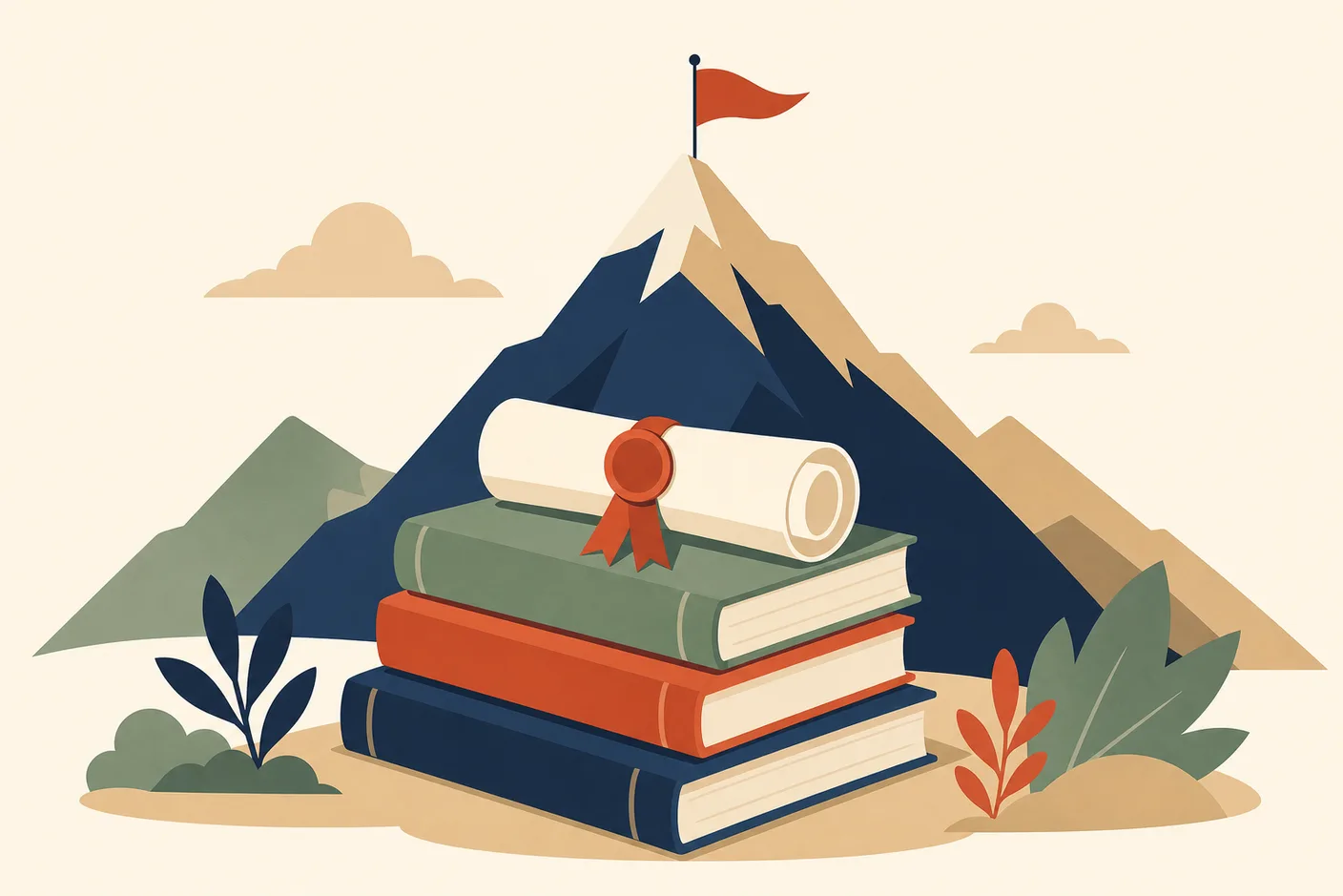 Illustration of a rolled certificate with a ribbon seal resting on a stack of textbooks, a small flag pennant planted at the summit of a stylized mountain behind