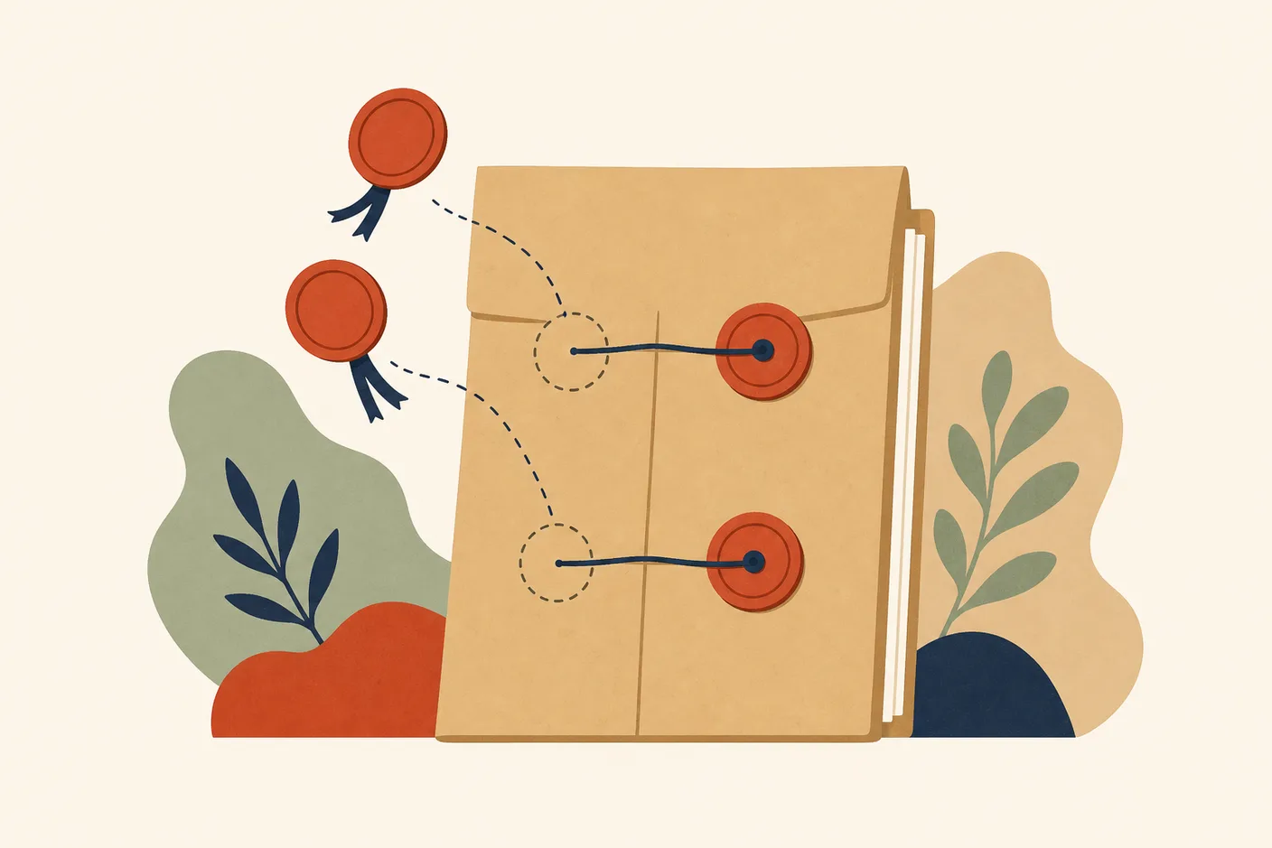 Illustration of a document folder with two of its four seals lifted away and floating off, the remaining two still fixed in place
