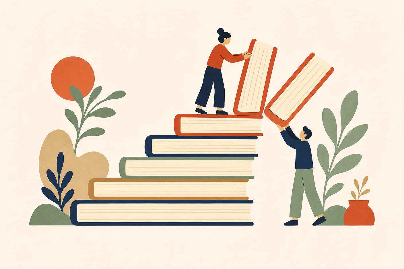 Illustration of six textbooks of increasing thickness arranged as ascending steps, the topmost one splitting into two separate volumes