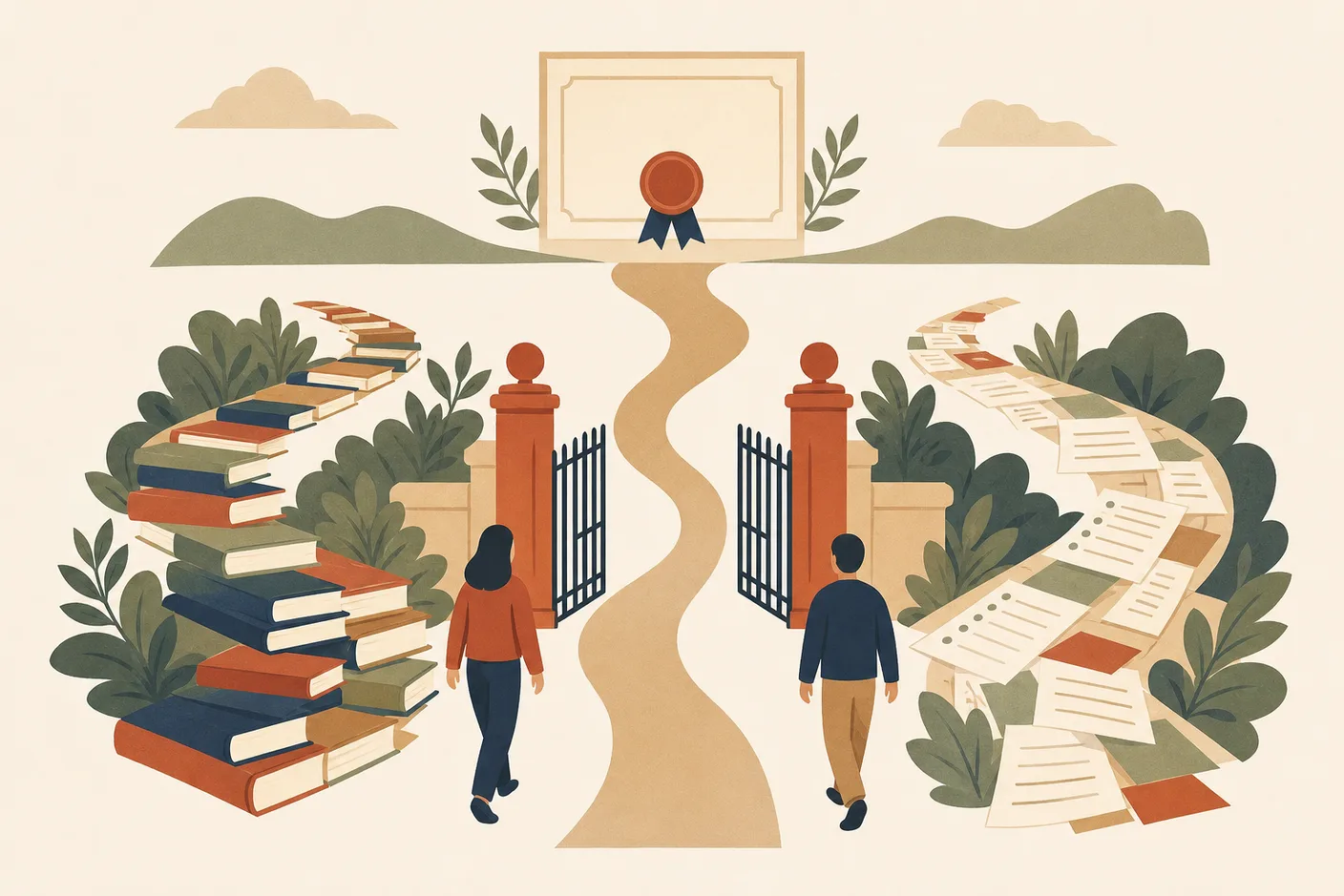 Illustration of two winding paths through a shared gate, one paved with textbooks and one with answer sheets, meeting at a single certificate