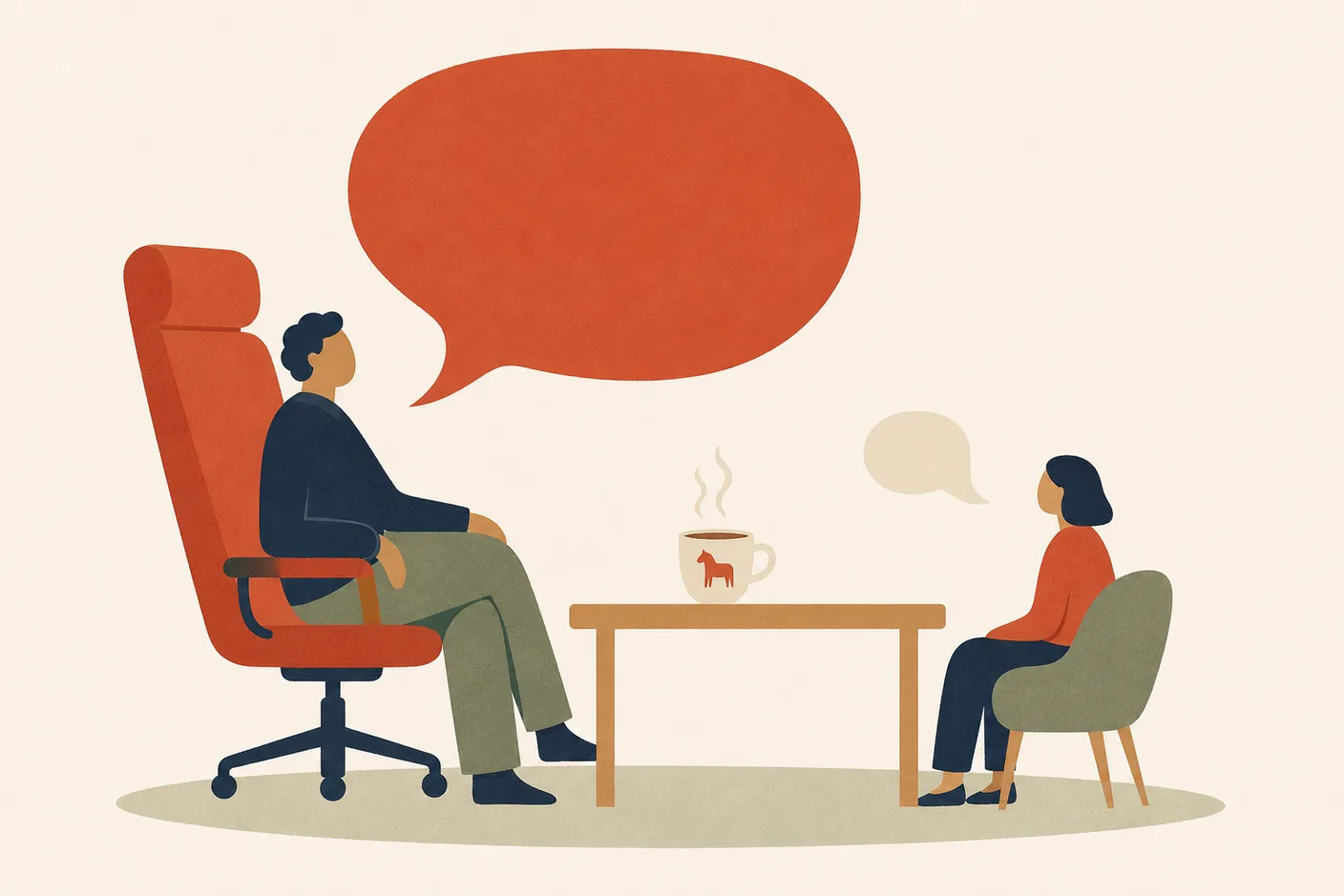 Illustration of an oversized speech bubble looming from a tall office chair over a small desk, a much smaller empty speech bubble rising from the low chair opposite, a steaming latte cup with a tiny horse doodle on it sitting between them