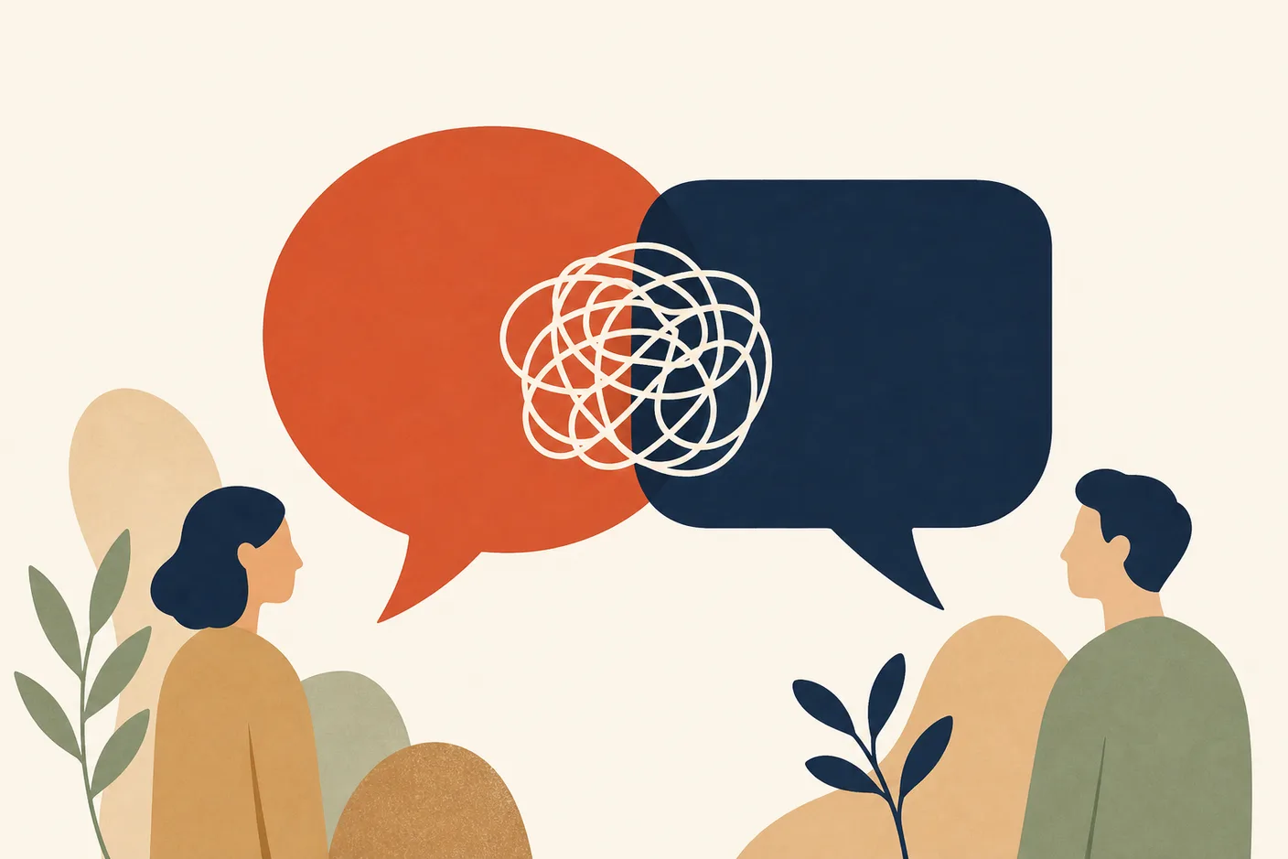 Illustration of two overlapping speech bubbles of different shapes with a tangled squiggle where they meet