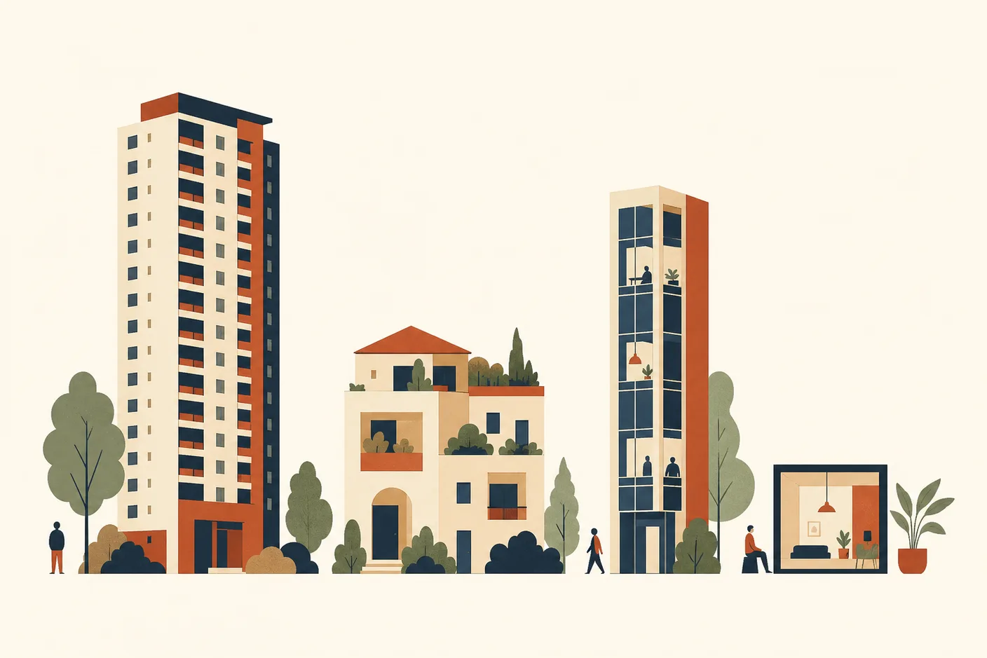 Illustration of a row of four building types: a high-rise apartment tower, a squat villa block, a slim officetel tower, and a tiny room