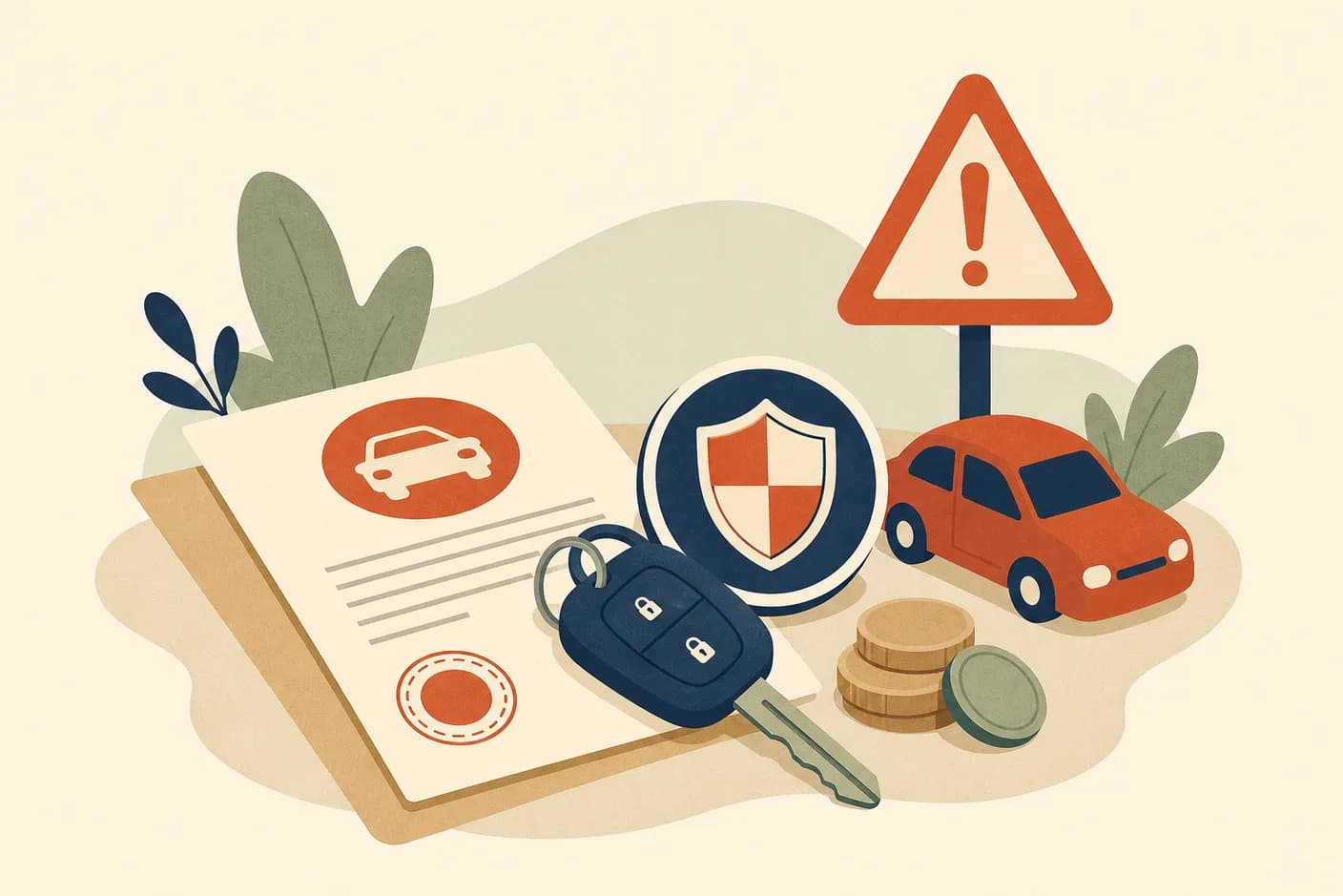 Illustration of a car key and a round shield emblem resting on a stamped insurance document, a small toy car and a few coins beside them, a caution triangle standing in the background