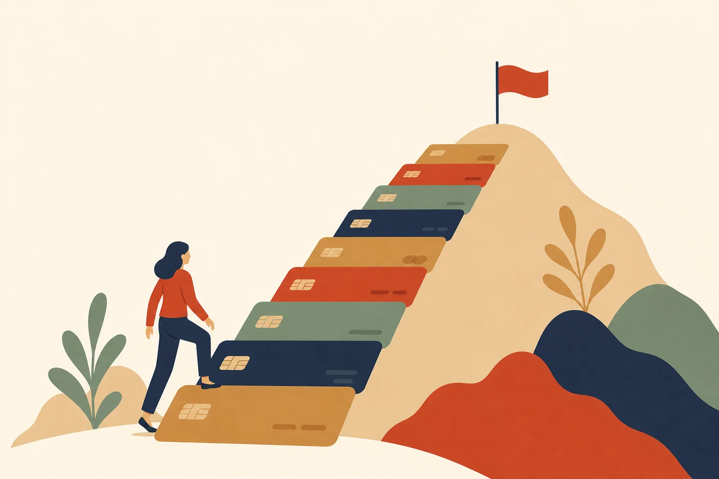 Illustration of a staircase built from bank cards ascending toward a small flag planted at the top