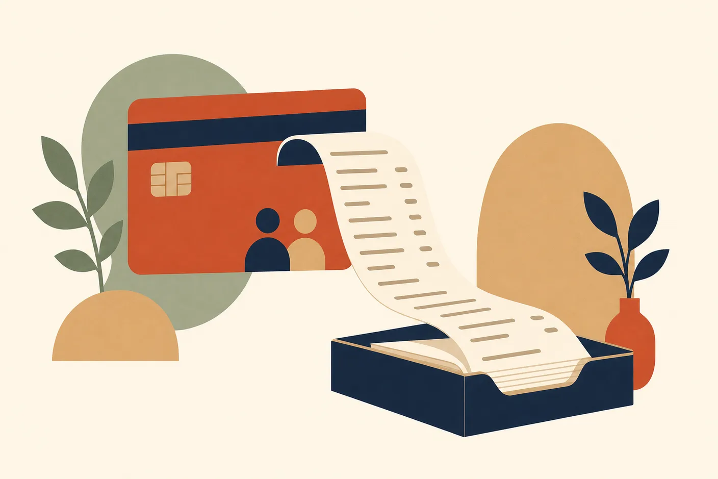 Illustration of a bank card with a long paper receipt curling off it into a document tray