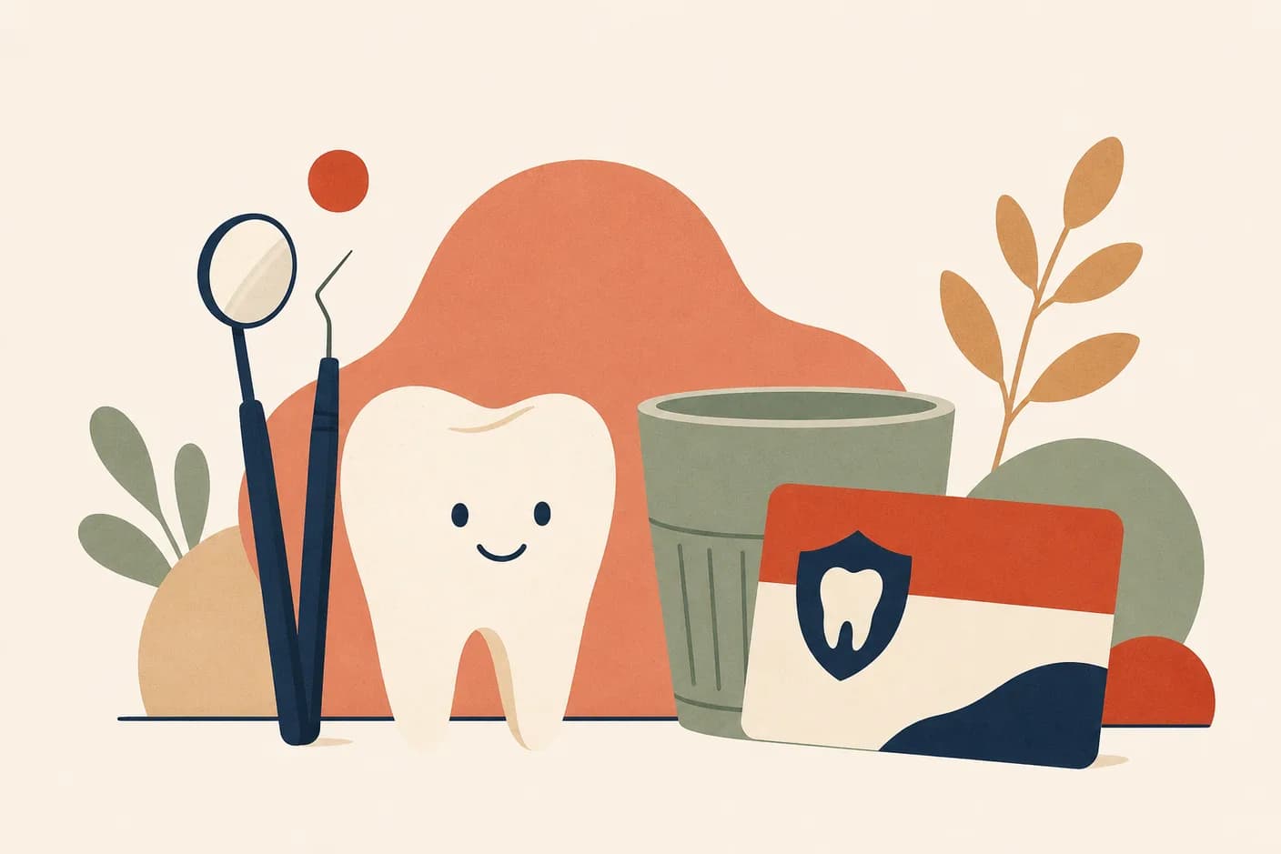Illustration of a large friendly tooth beside a dental mirror and probe, a health insurance card propped against a rinsing cup