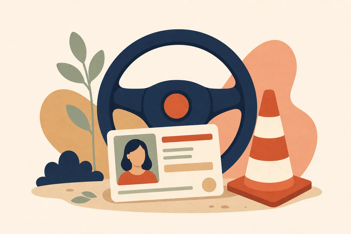 Illustration of a driver's license card propped against a steering wheel with a traffic cone beside it