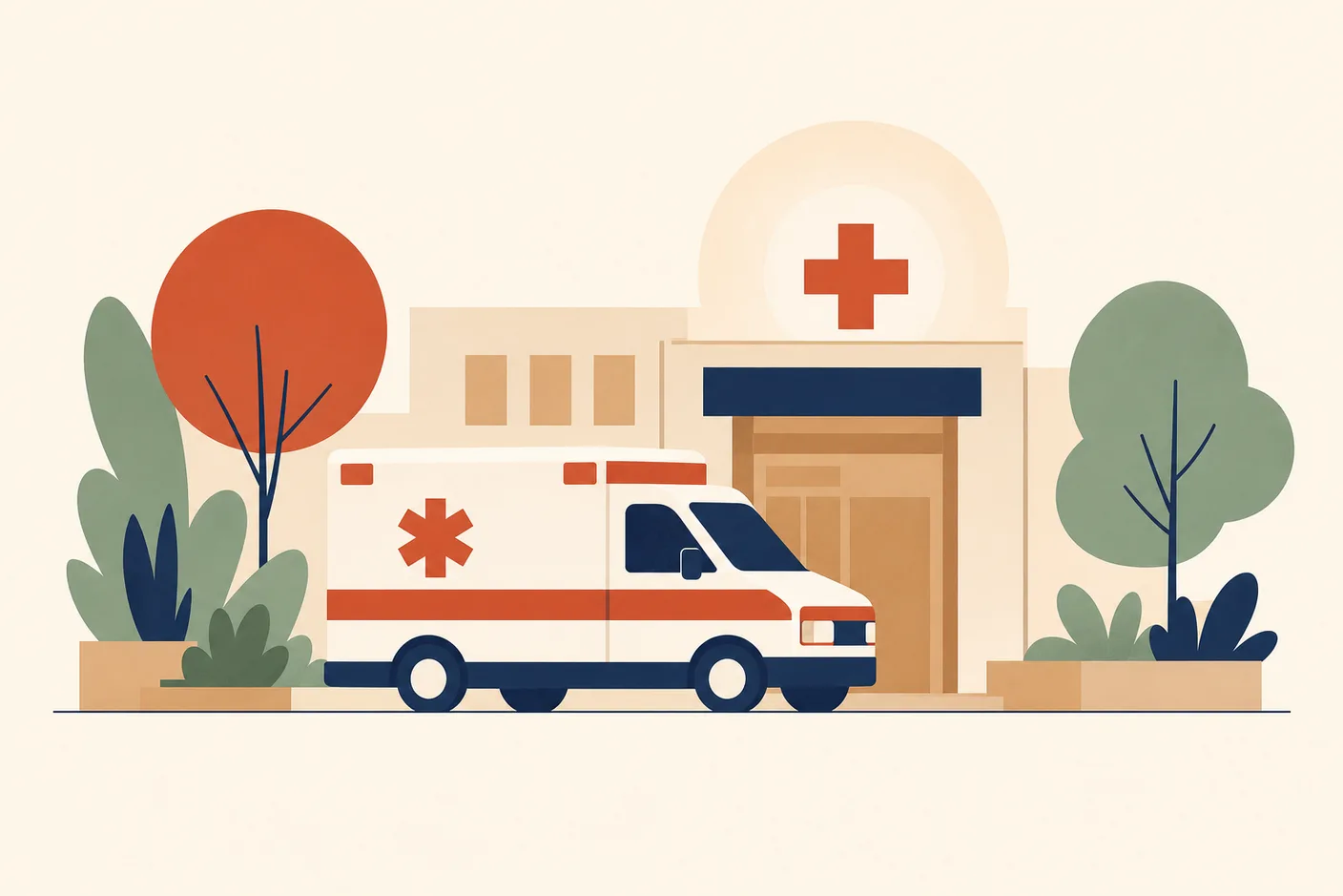 Illustration of an ambulance parked at a hospital entrance with a glowing cross beacon above the door