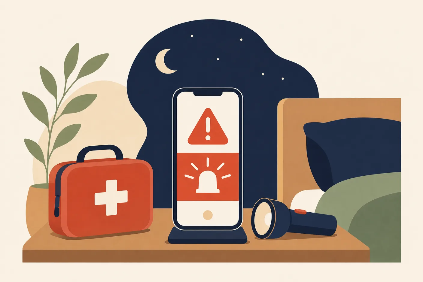 Illustration of a smartphone glowing at night on a bedside table with a bold alert banner on screen, a first-aid kit and flashlight beside it