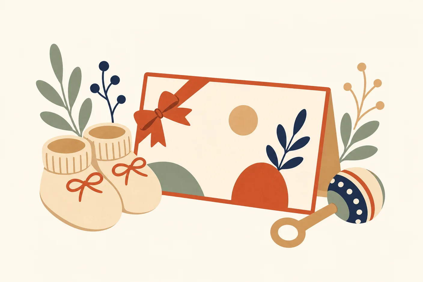Illustration of a gift voucher card propped beside a pair of baby booties and a rattle