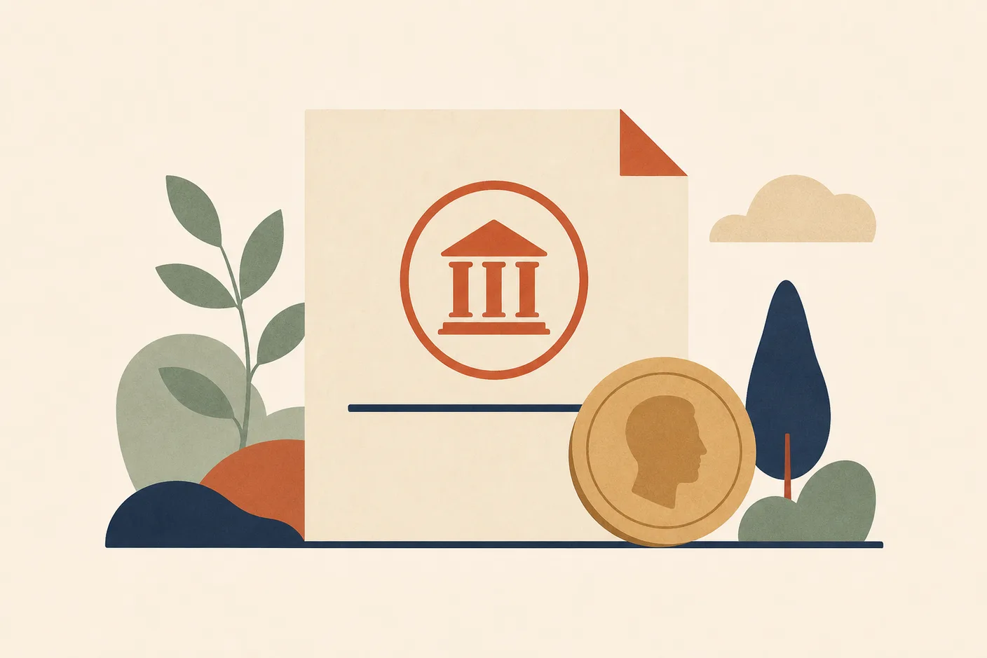 Illustration of a tax document showing a single flat horizontal line, one large coin resting on it
