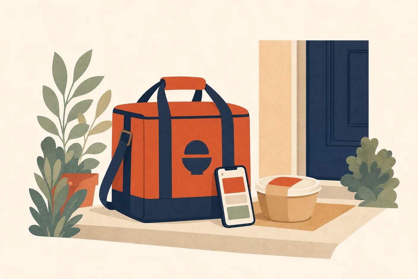 Illustration of an insulated courier bag set down on a doorstep with a covered noodle bowl beside it, a phone resting against the bag showing abstract order-card blocks