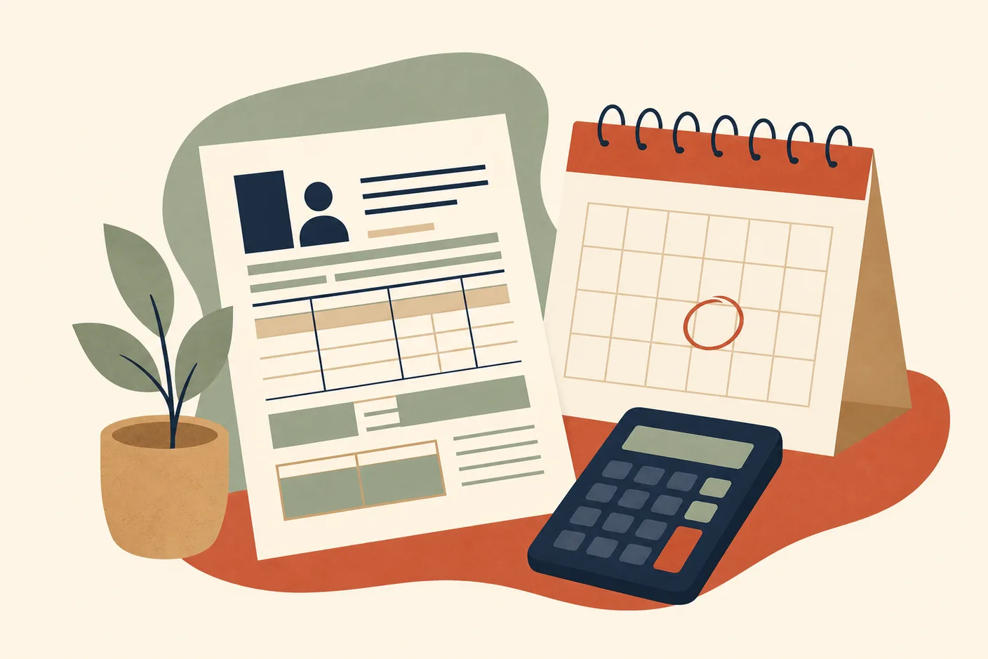 Illustration of a tax form beside a calendar page with one circled day and a desk calculator
