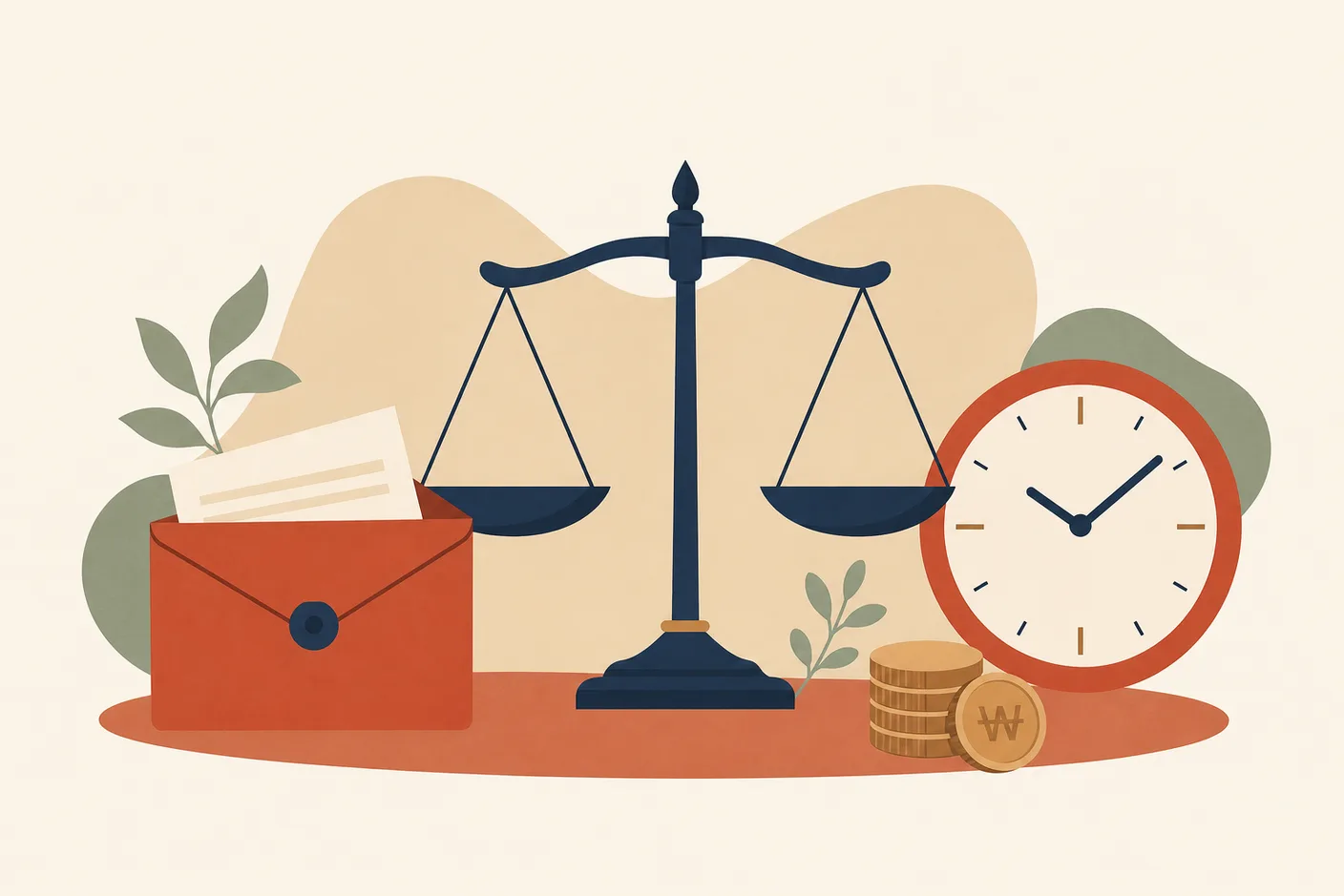 Illustration of a pay envelope beside a balanced two-pan scale and a wall clock, a small stack of won coins