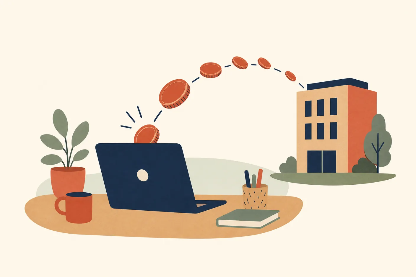 Illustration of a freelancer's laptop with a thin slice of coins traveling back to it from a small office building