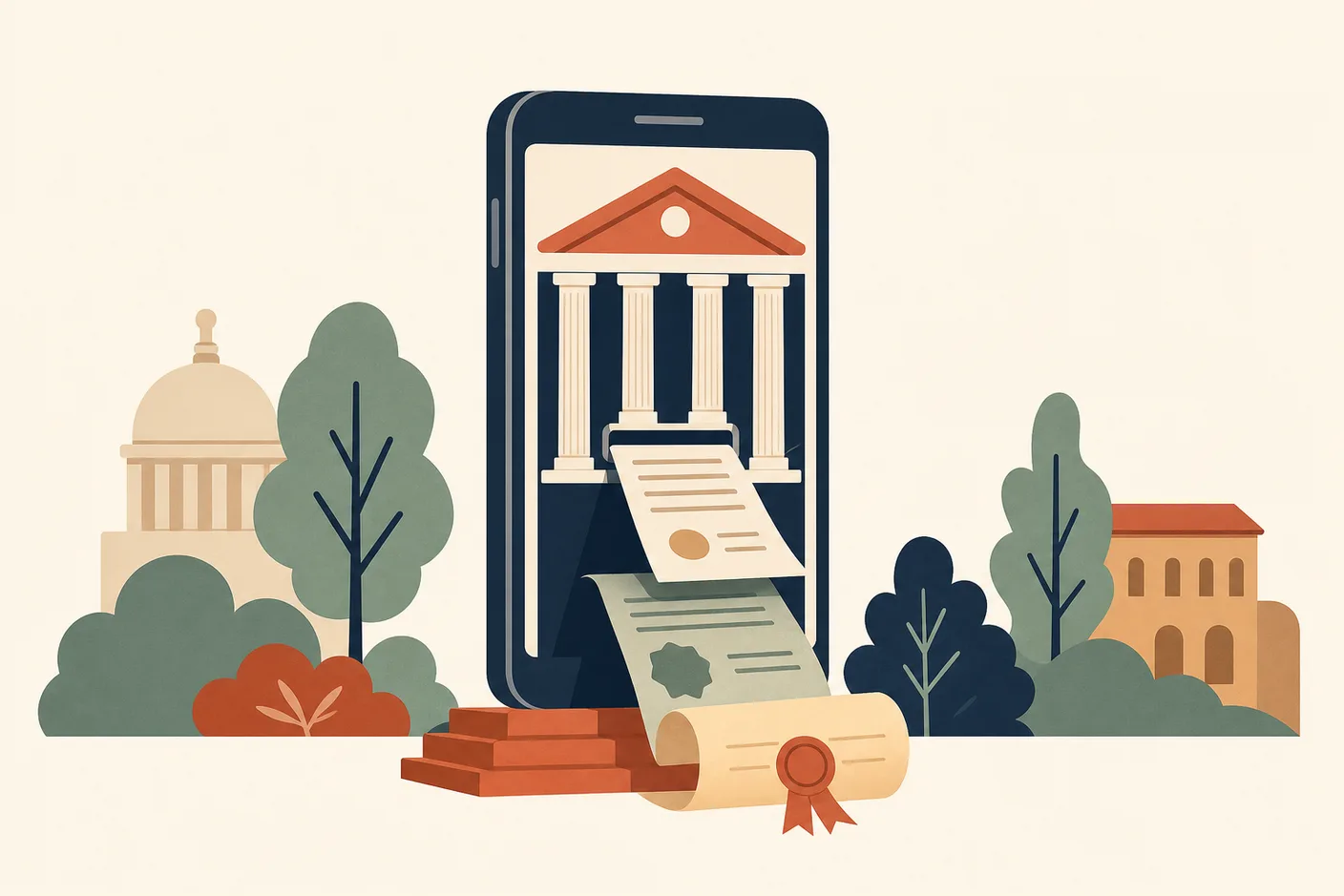 Illustration of a smartphone standing upright like a government building with columns drawn on its screen, official documents and a certificate scroll sliding out of it