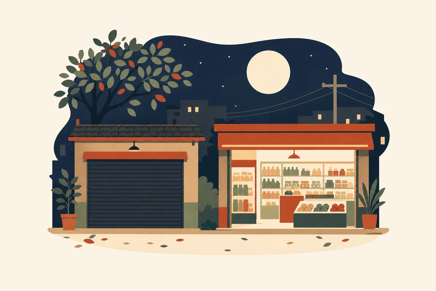 Illustration of a shuttered shop beside a glowing open convenience store under a large full moon