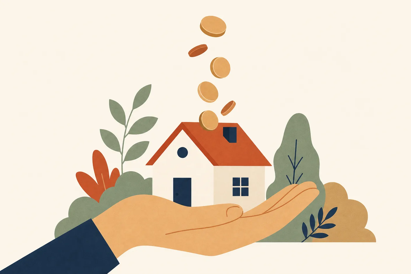 Illustration of a small house cradled in an open palm with coins drifting gently down onto its roof