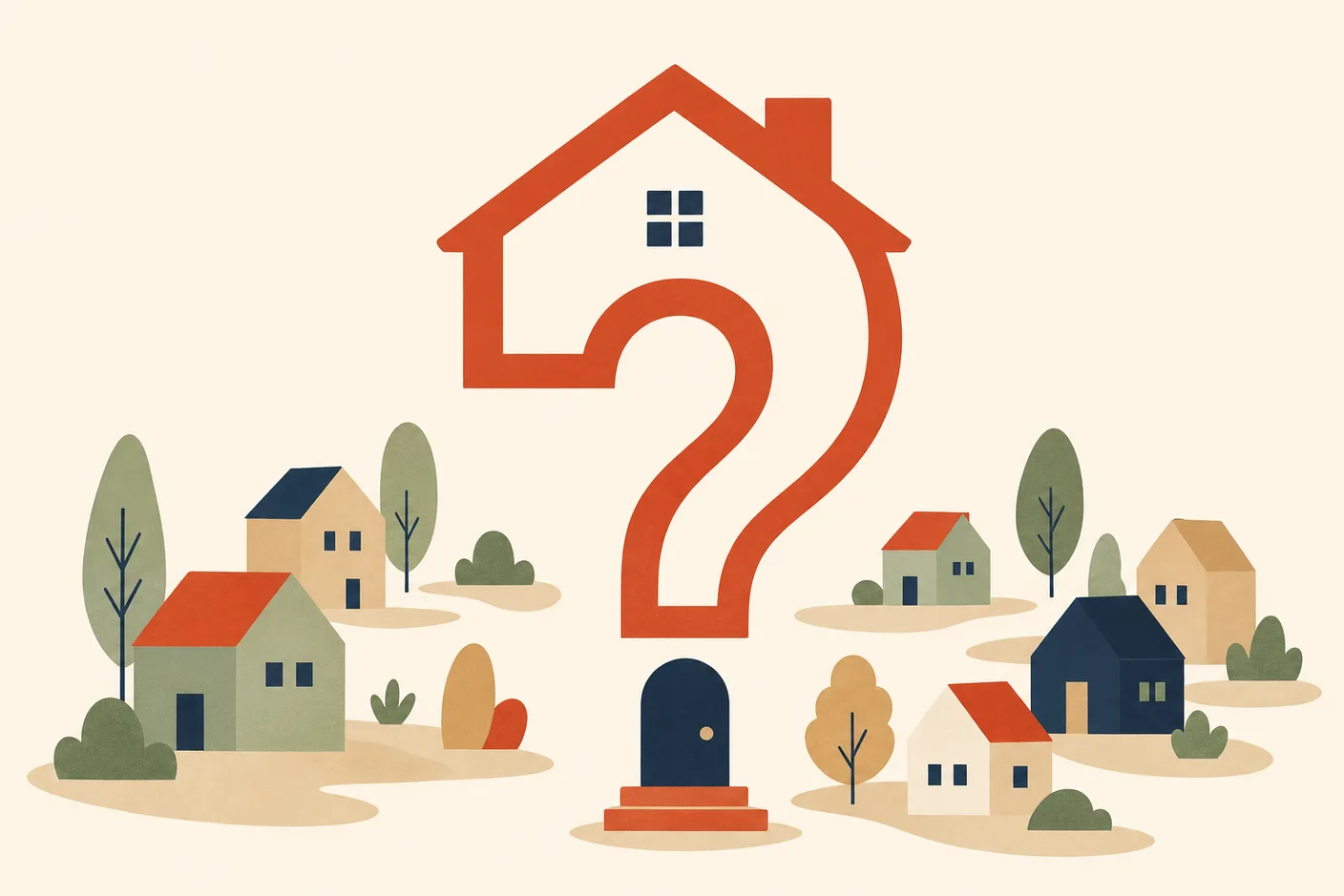 Illustration of a large house outline formed from a question-mark shape, smaller houses scattered around it