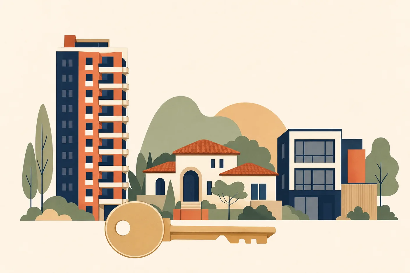 Illustration of a row of contrasting building silhouettes from high-rise apartment to low villa to studio block, one oversized door key laid in front