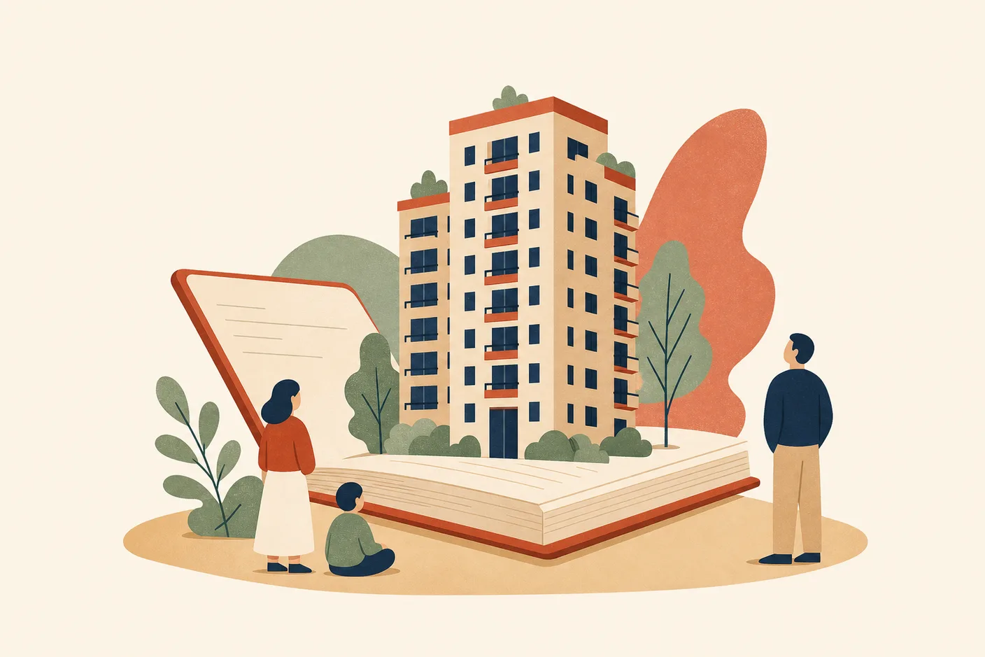 Illustration of a savings passbook with a small apartment tower sprouting from its open pages