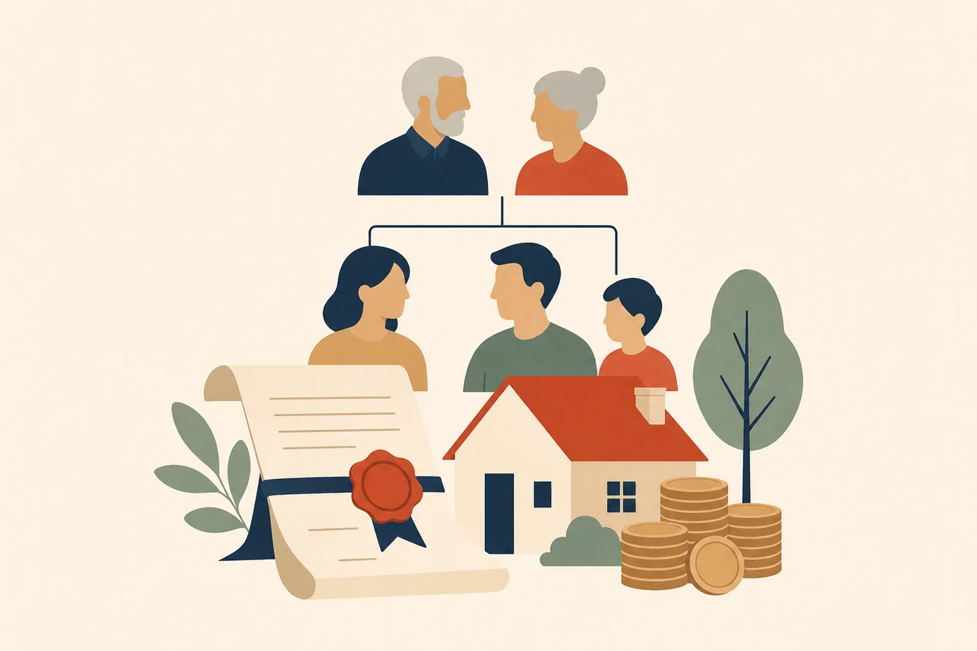 Illustration of a folded official document with a wax seal beside a small house and a stack of coins, a thin line linking two generations of a simple family tree