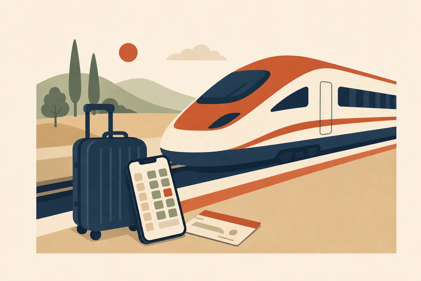 Illustration of a high-speed train at a platform with a phone showing a seat map, a small suitcase and paper ticket by the platform edge
