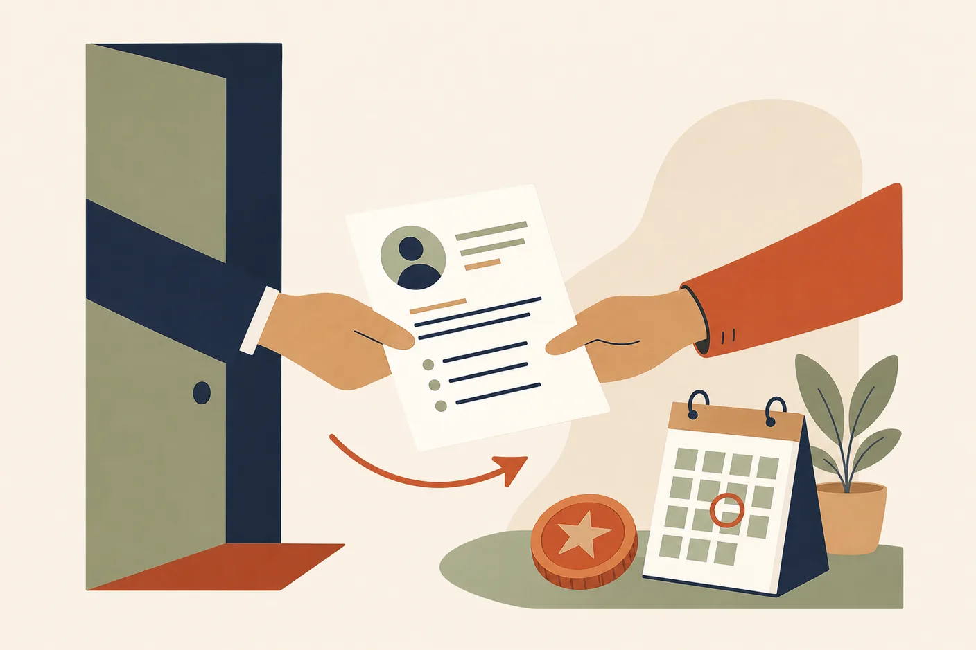 Illustration of a resume sheet passed between two hands over an office door threshold, a small curved arrow linking the handoff, a round bonus coin and a calendar page with one day circled resting nearby