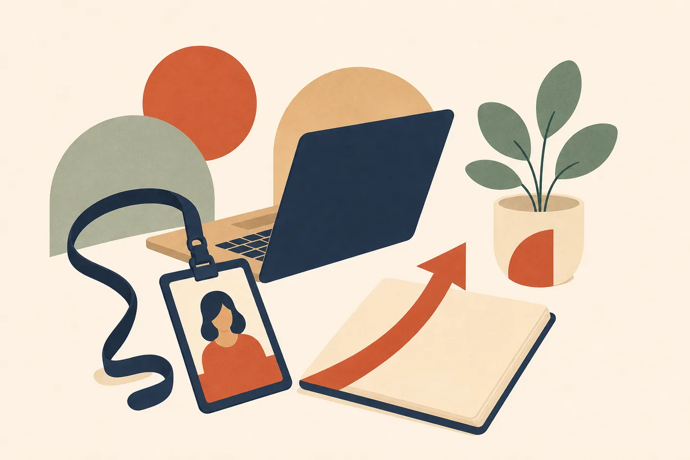 Illustration of a lanyard ID badge beside a laptop and a small potted plant, an upward arrow rising from a notebook