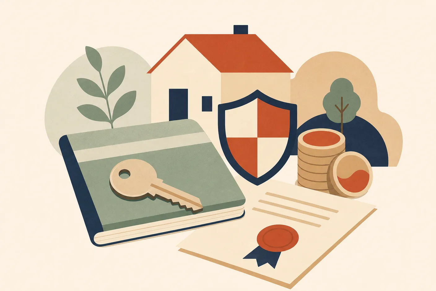 Illustration of a house key resting on a bank passbook beside a shield emblem and a stack of won coins, a document with a seal