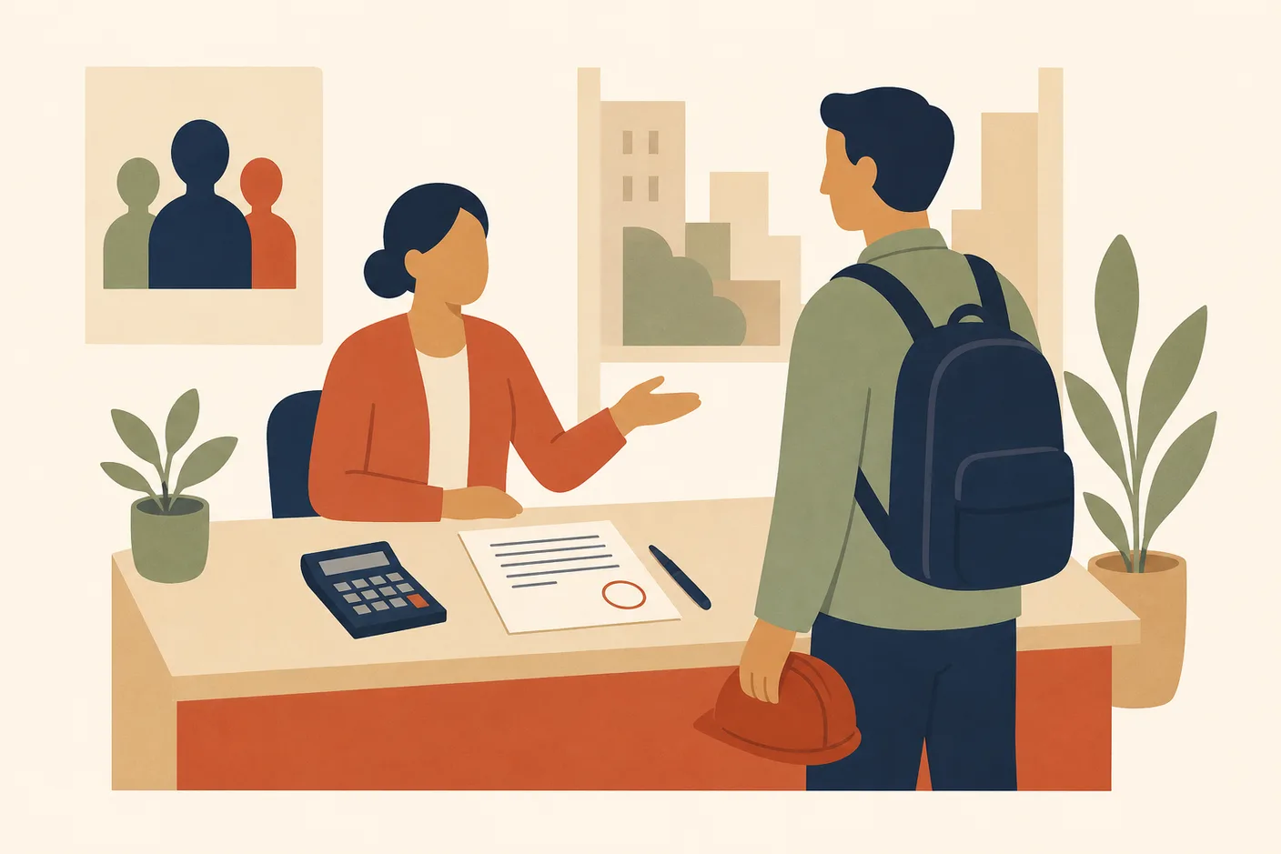 Illustration of a small street-level job agency office with a counter and a paper contract, a calculator showing a small fee, a worker holding a hard hat and a backpack