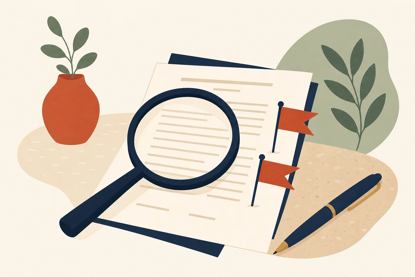 Illustration of a contract on a desk under a magnifying glass, with two small red flag pins stuck into the paper beside a pen