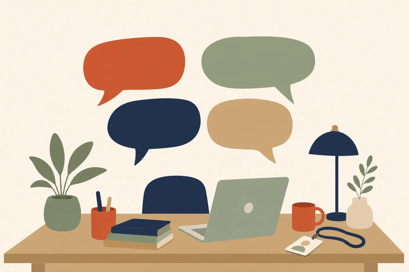 Illustration of four empty speech bubbles in different colors floating above an office desk with a laptop and a name badge