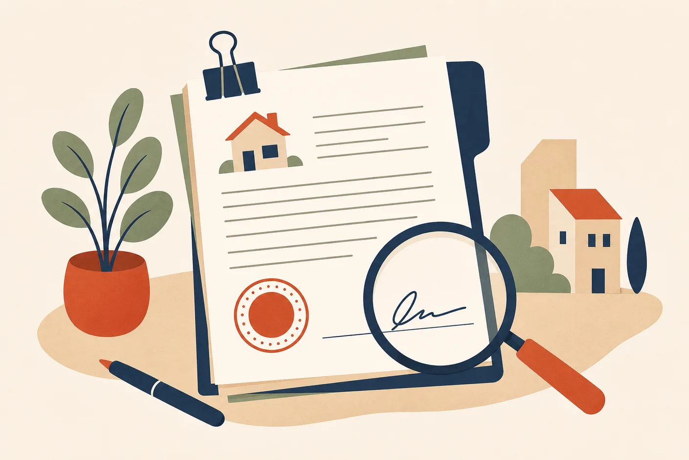 Illustration of a lease contract with a round official stamp, a magnifying glass hovering over the signature line, papers clipped together