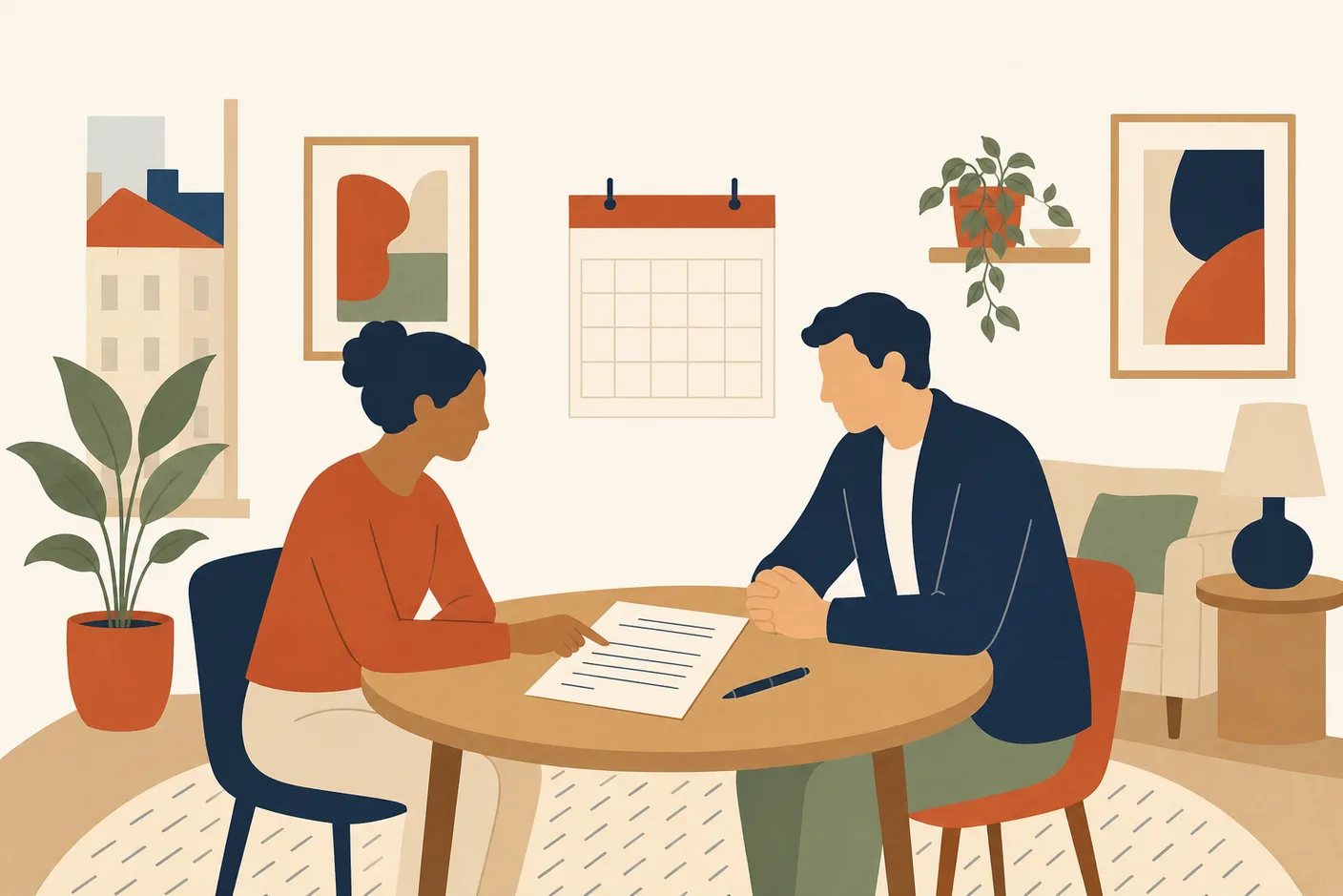 Illustration of a tenant and a landlord sitting at a small table in a bright apartment, looking over a lease with a calendar on the wall and a pen between them