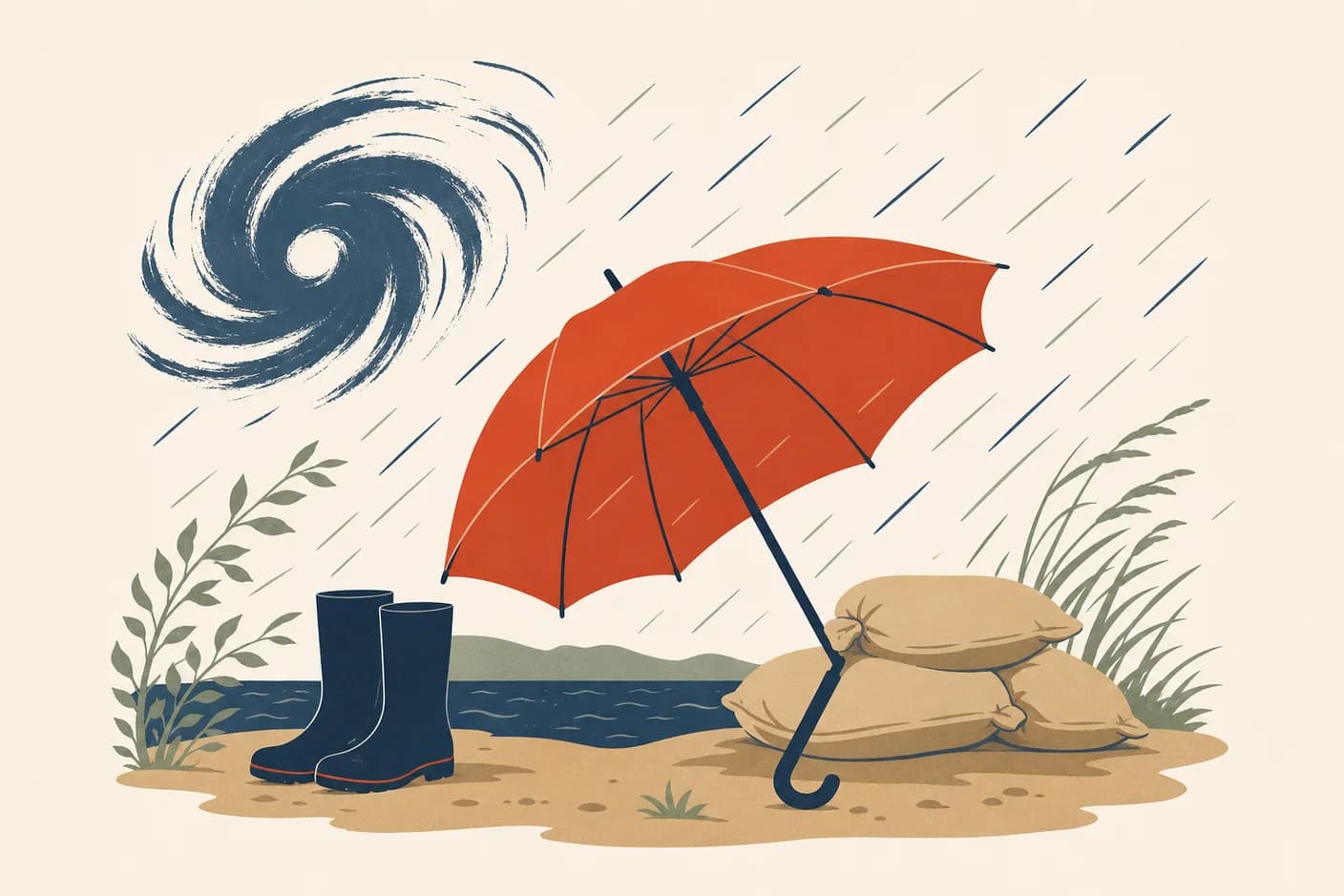 Illustration of an umbrella braced against slanted rain with a swirling typhoon spiral in the sky, rubber boots beside a stacked sandbag