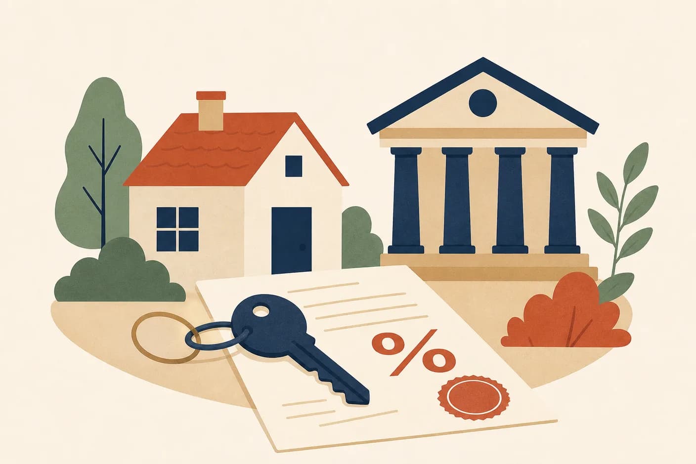 Illustration of a small house beside a bank building, a house key resting on a document with a percentage sign and an official seal