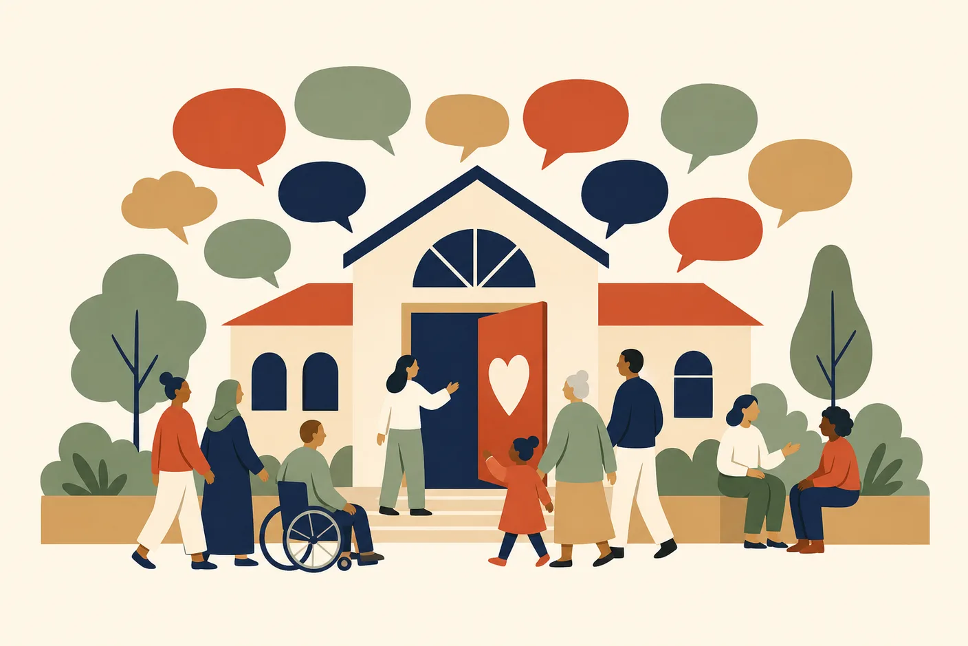 Illustration of a welcoming community center with a heart shape on its open door and varied speech bubbles above