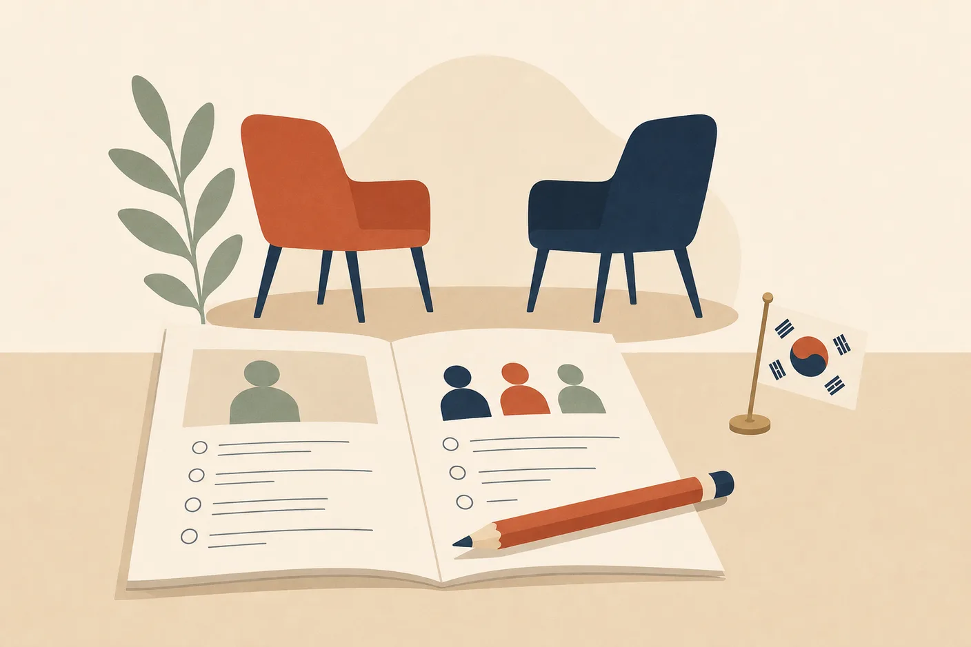 Illustration of an open exam booklet with a pencil resting across the page, a small national flag pin beside it and two chairs facing each other in the background