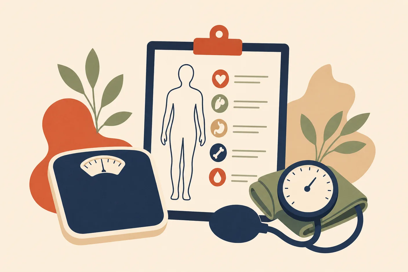 Illustration of a clipboard with a body-outline checklist beside a bathroom scale and a blood pressure cuff