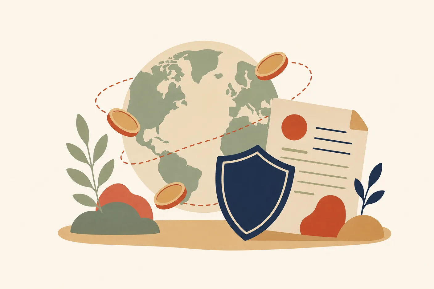 Illustration of a globe with coins orbiting it and a shield resting against a tax document