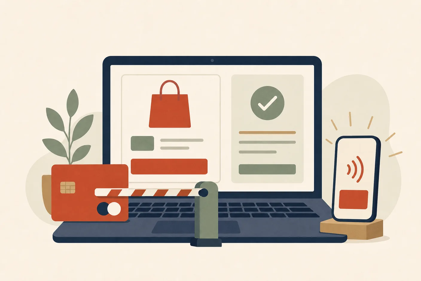 Illustration of a laptop checkout screen with a card stopped halfway at a small barrier arm, a glowing phone-payment tile waiting beside it